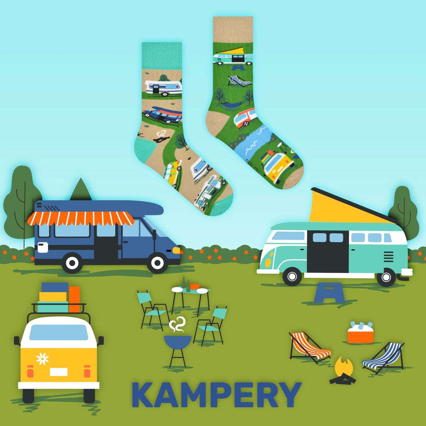 Bulli Socken, Camper Socken, Motivsocken, bunte Socken, Geschenkidee für Camperfreunde.