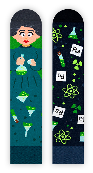Madame Curie Socken, Socken mit Berühmtheiten, Motivsocken, Themensocken, Geschenkidee für Chemieprofessorin.