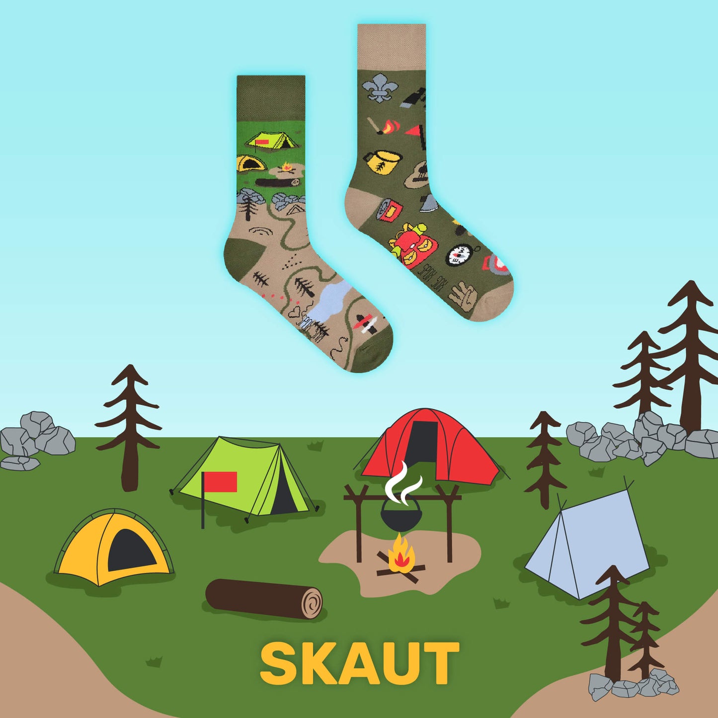 Pfadfinder Socken, Motivsocken, bunte Socken, Geschenkidee für Wanderfreunde.