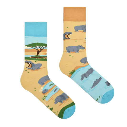 Nilpferd Socken, Motivsocken, bunte Socken, Geschenkidee für Naturfreunde.